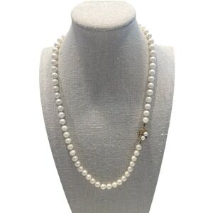 VTG 14K‎ Gold Clasp Cultured Pearl Necklace 6.5–7mm, Knotted, Sapphires, Vintage